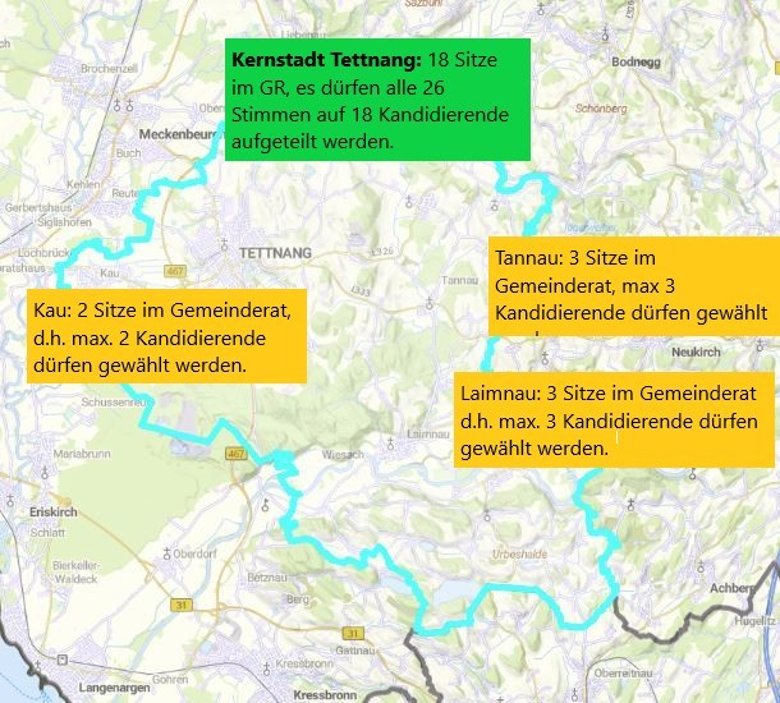 Karte Tettnangs mit Infos zur Sitzverteilung im Gemeinderat